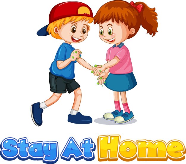 La fuente Stay At Home en estilo de dibujos animados con dos niños no mantiene la distancia social aislada sobre fondo blanco