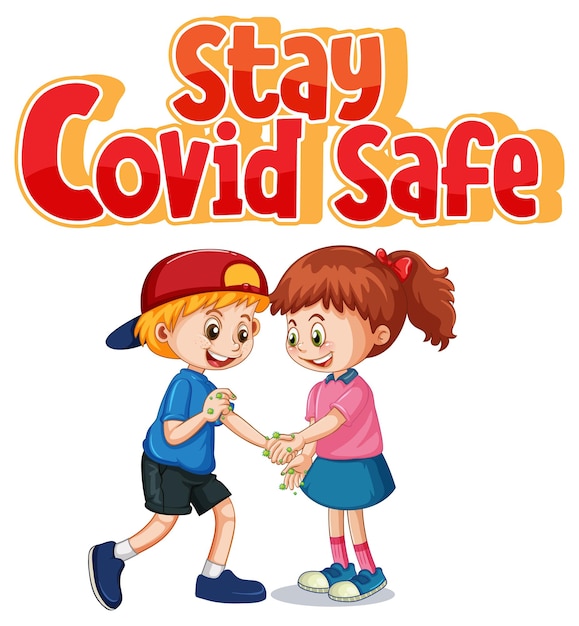 La fuente stay covid safe en estilo de dibujos animados con dos niños no mantiene la distancia social aislada sobre fondo blanco