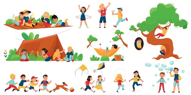 Fuera de la carpa de verano, los niños juegan el conjunto de iconos de actividad, los niños se divierten corriendo hula hooping, cometas voladoras y pompas de jabón, ilustración vectorial