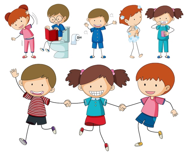 Vector gratuito fun doodle kids haciendo varias actividades