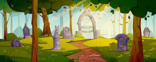 Vector gratuito funeral de mascotas en el cementerio en el vector del paisaje del bosque