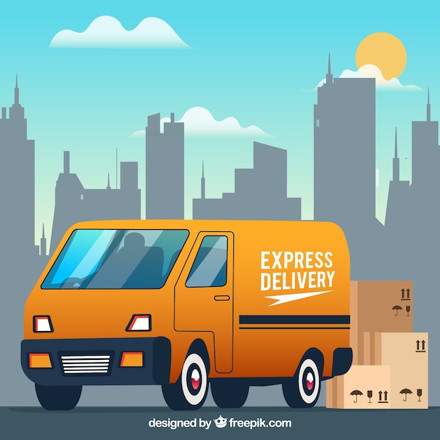 Furgón de reparto, cajas de cartón y la ciudad