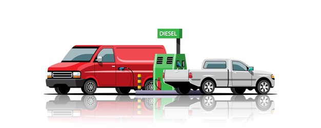 Vector gratuito furgoneta y aparcamiento de recogida para repostar en la estación de combustible diésel