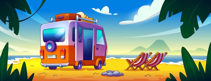 Vector gratuito furgoneta en la playa de arena del mar con sillas de descanso