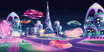 Vector gratuito futuro noche ciudad futurista edificios volando autos