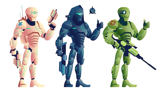 Futuros soldados robóticos, pistolas armadas con médico cyborg, saboteador con escopeta y explosivo.