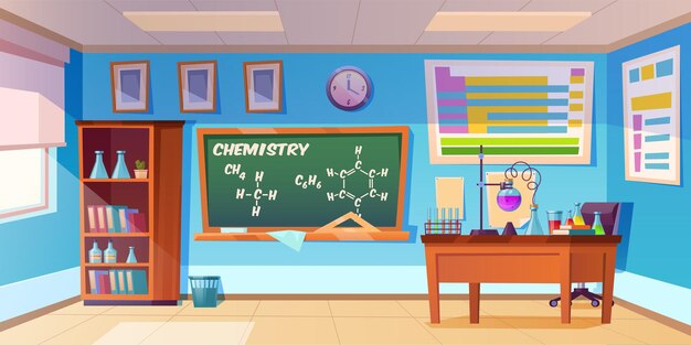 Gabinete de química interior de laboratorio de aula vacía con fórmula química en la pizarra