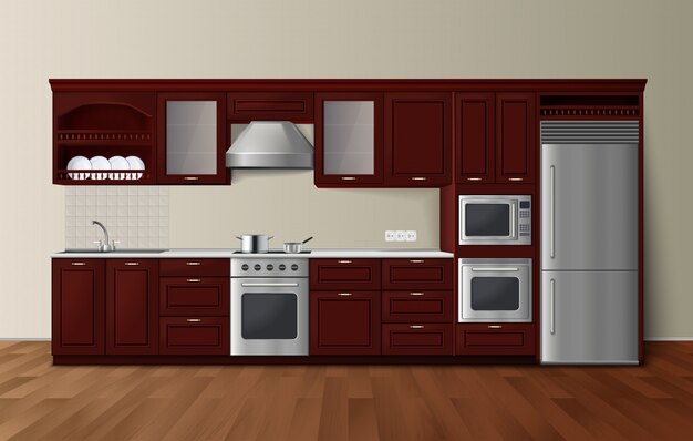 Gabinetes de cocina moderna de lujo, de color marrón oscuro, con horno de microondas incorporado, vista lateral realista, imagen vec