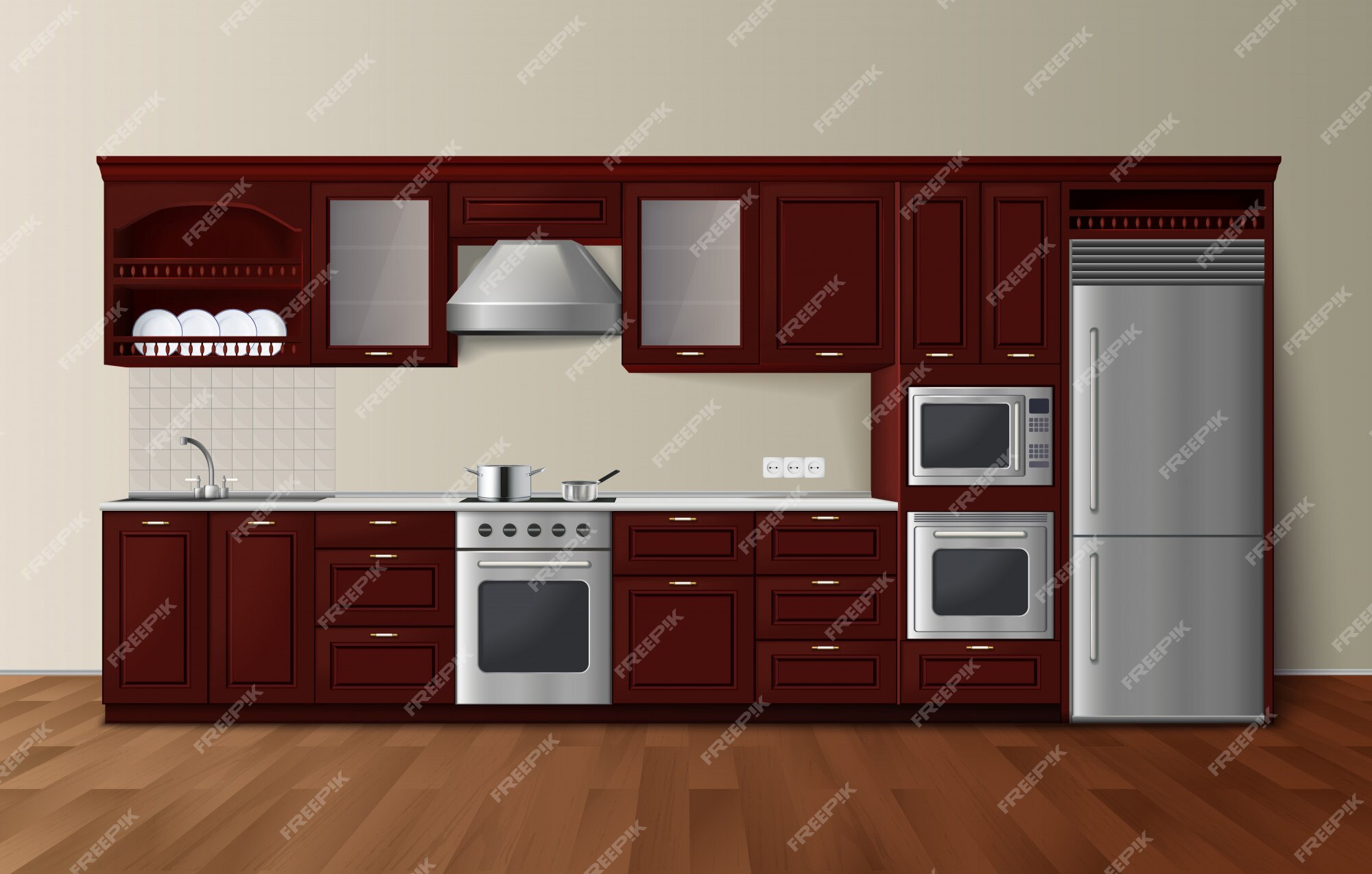 Gabinetes De Cocina Moderna De Lujo, De Color Marrón Oscuro, Con Horno De  Microondas Incorporado, Vista Lateral Realista, Imagen Vec | Vector Gratis