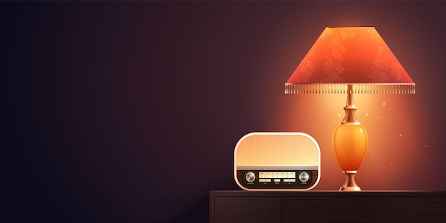 Gadgets electrónicos retro vintage composición realista con paisaje interior nocturno y receptor de radio con ilustración vectorial de la lámpara de cabecera