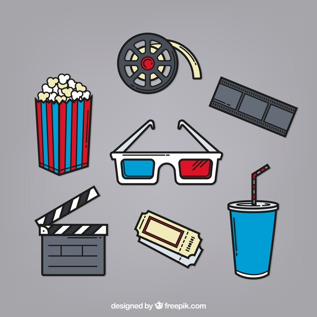 Gafas 3d y otros elementos de cine dibujados a mano 