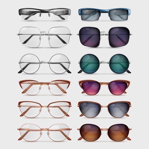 Gafas y gafas de sol coloridas con varios marcos de conjunto realista aislados en el fondo gris ilustración vectorial