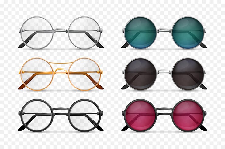 Vector gratuito gafas redondas modernas con lentes clásicas y coloridas, un conjunto realista sobre un fondo transparente, ilustración vectorial aislada