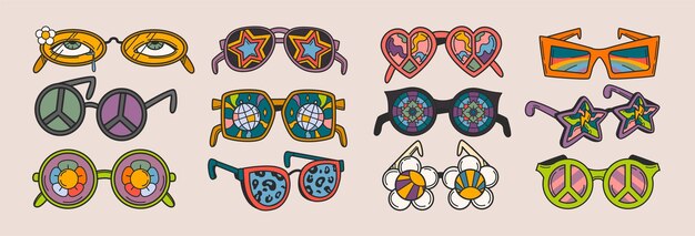 Gafas de sol funky groovy diferentes formas en el estilo psicodélico retro hippie