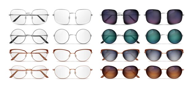 Gafas de sol con varios marcos y lentes un conjunto realista aislado en una ilustración vectorial de fondo blanco