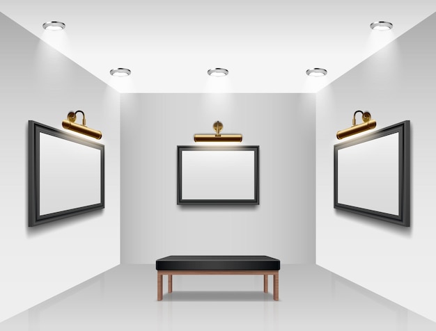 Galería de maquetas de interiores realistas con marcos en blanco ilustración vectorial