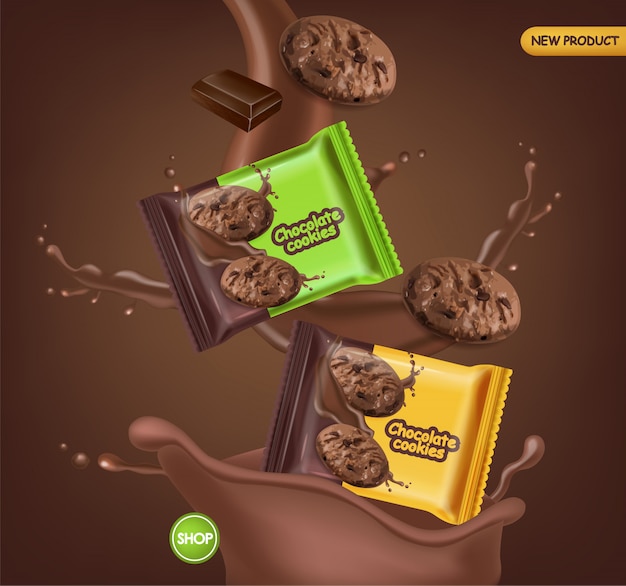 Vector gratuito galletas de chocolate simulacro realista. delicioso postre caer galletas con chocolate splash. paquete de producto detallado en 3d. carteles de diseño de etiquetas