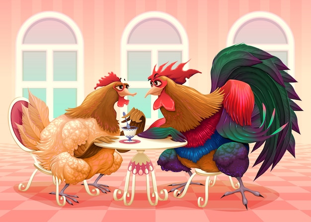 Vector gratuito gallina y gallo en un café