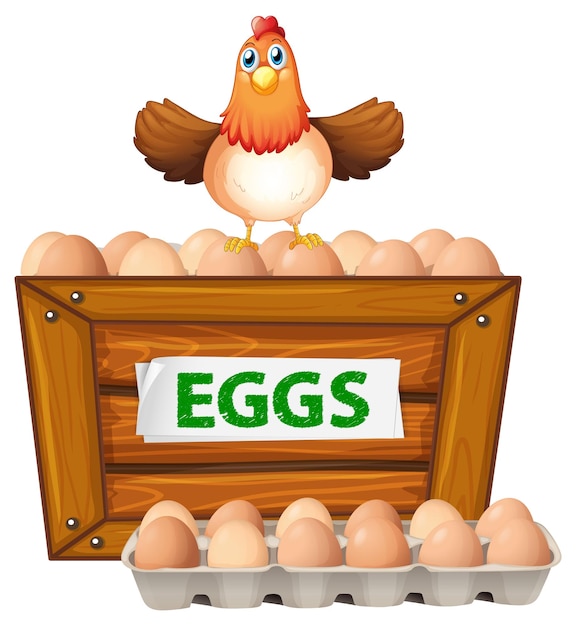 Vector gratuito gallina parada sobre marco de madera huevos para la venta