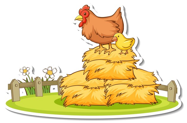 Gallina con pollito de pie en el pajar pegatina