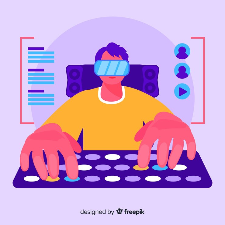 Vector gratuito gamer jugando con la computadora