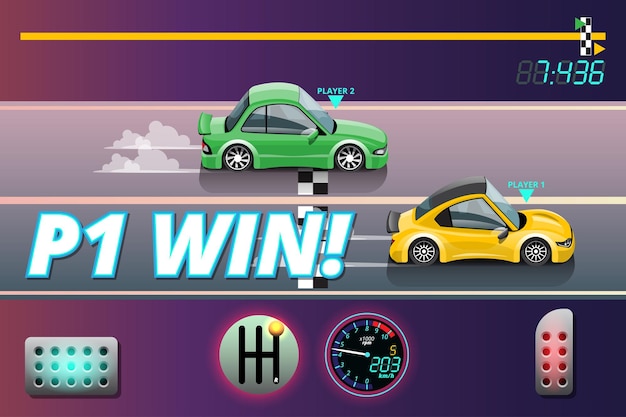 Ganador en el objetivo de carreras de autos de velocidad en tablero a cuadros y primera bandera deportiva a cuadros en el nivel del juego y mostrando tu mejor tiempo en la vuelta.