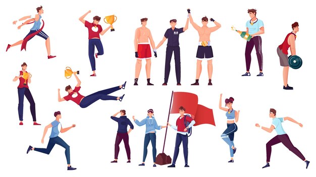 Ganador con personajes humanos planos de atletas que corren celebrando la victoria con trofeos de champán y copas ilustración vectorial