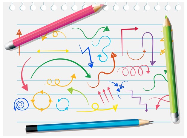 Garabatos de flecha dibujados a mano en papel con lápices de colores