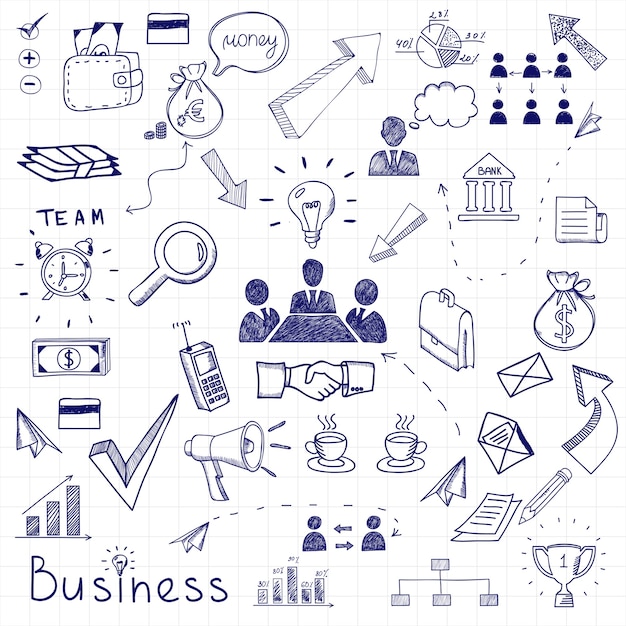 Garabatos de negocios vectoriales con diagramas, seres humanos y bombillas de ideas