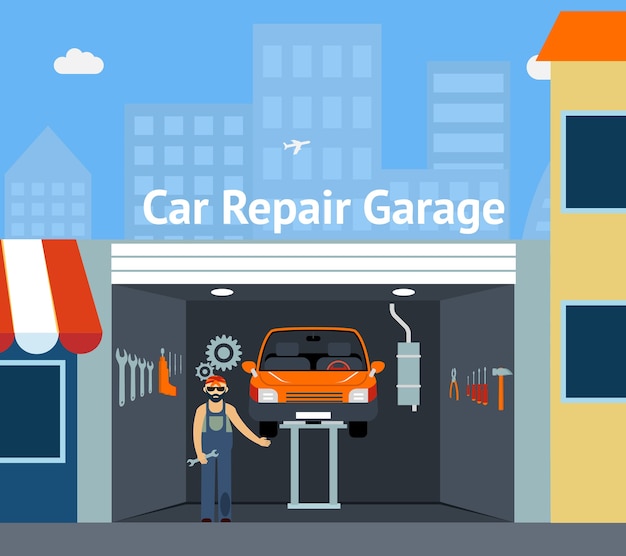 Garaje de reparación de automóviles de dibujos animados con ilustración de señalización con reparador