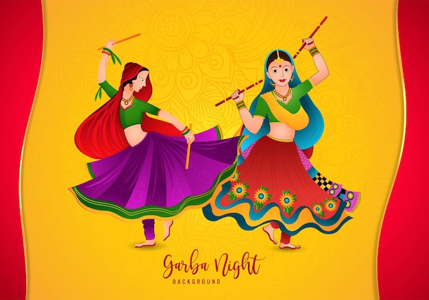 Vector gratuito garba noche mujer jugando garba y diseño de tarjeta de celebración dandiya