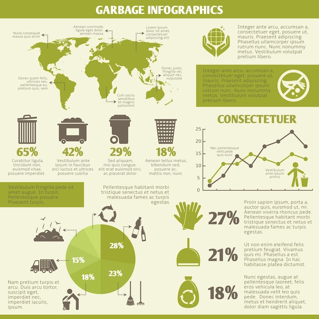 Garbage reciclaje elementos infográficos conjunto con iconos y gráficos ilustración vectorial