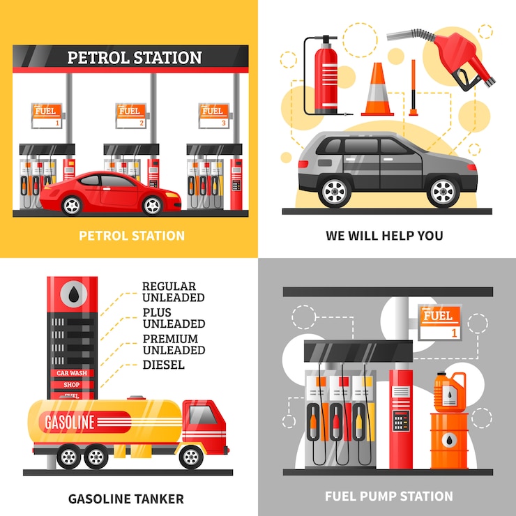 Vector gratuito gasolina y gasolinera 2x2 design concept