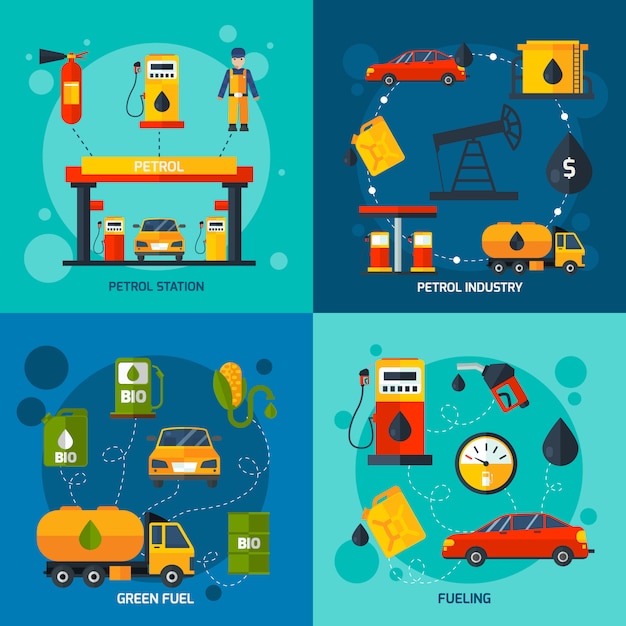 Vector gratuito gasolinera 4 iconos planos cuadrados