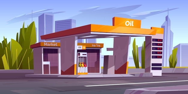 Gasolinera con bomba de aceite y mercado en la ciudad