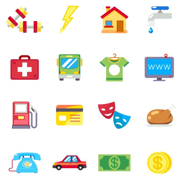 Gastos mensuales, costos iconos planos. Teléfono y médico, internet y alimentación, salud deportiva, ilustración vectorial