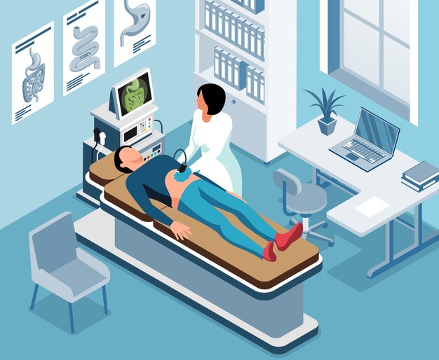 Gastroenterólogo femenino haciendo ultrasonido abdominal a la ilustración del vector isométrico del paciente