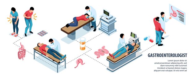Gastroenterólogos y pacientes durante el examen médico ilustración vectorial infográfica isométrica
