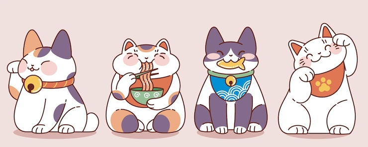 Vector gratuito gato afortunado japonés en diferentes poses