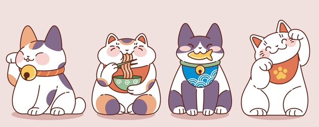 Gato afortunado japonés en diferentes poses