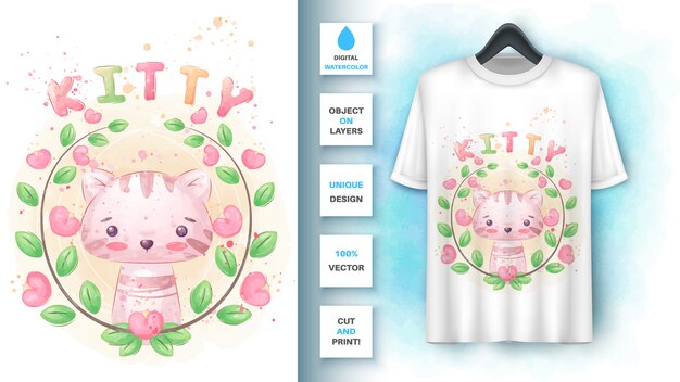 Gato en cartel de flores y merchandising