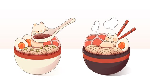 Gato comiendo fideos ramen aislados en blanco