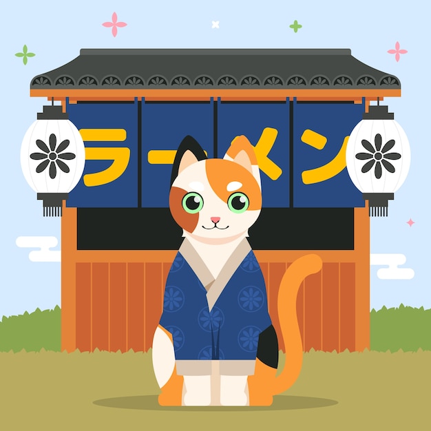 Vector gratuito gato dibujado a mano en la ilustración de japón