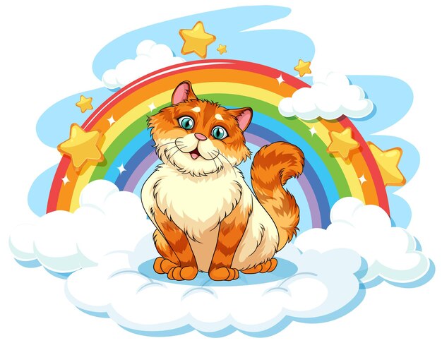 Gato gordito en la nube con arcoiris