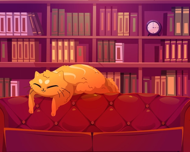 Vector gratuito gato gracioso durmiendo en el sofá en el interior de la biblioteca