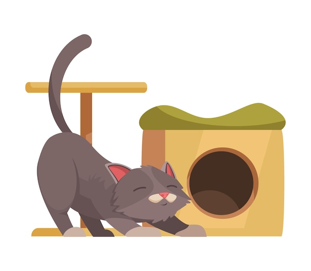 Vector gratuito gato gris de dibujos animados junto a su casa con rascador