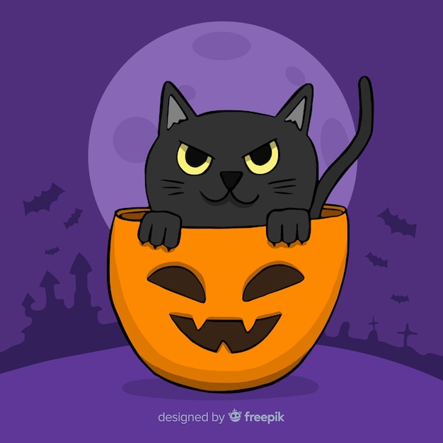 Vector gratuito gato de halloween adorable dibujado a mano