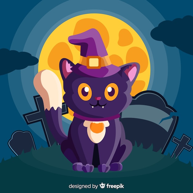 Vector gratuito gato de halloween adorable con diseño plano