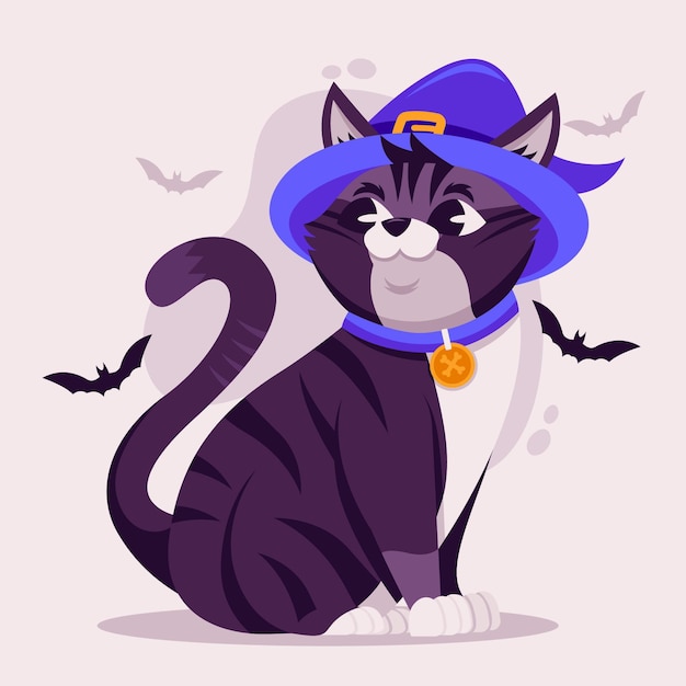 Vector gratuito gato de halloween de diseño plano con sombrero