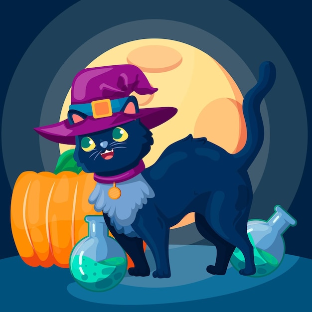 Vector gratuito gato de halloween de diseño plano